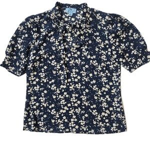 CeCe Blouse Womens XS Blue High Neck Tie Bow Ruffle Floral Polyester Stretch